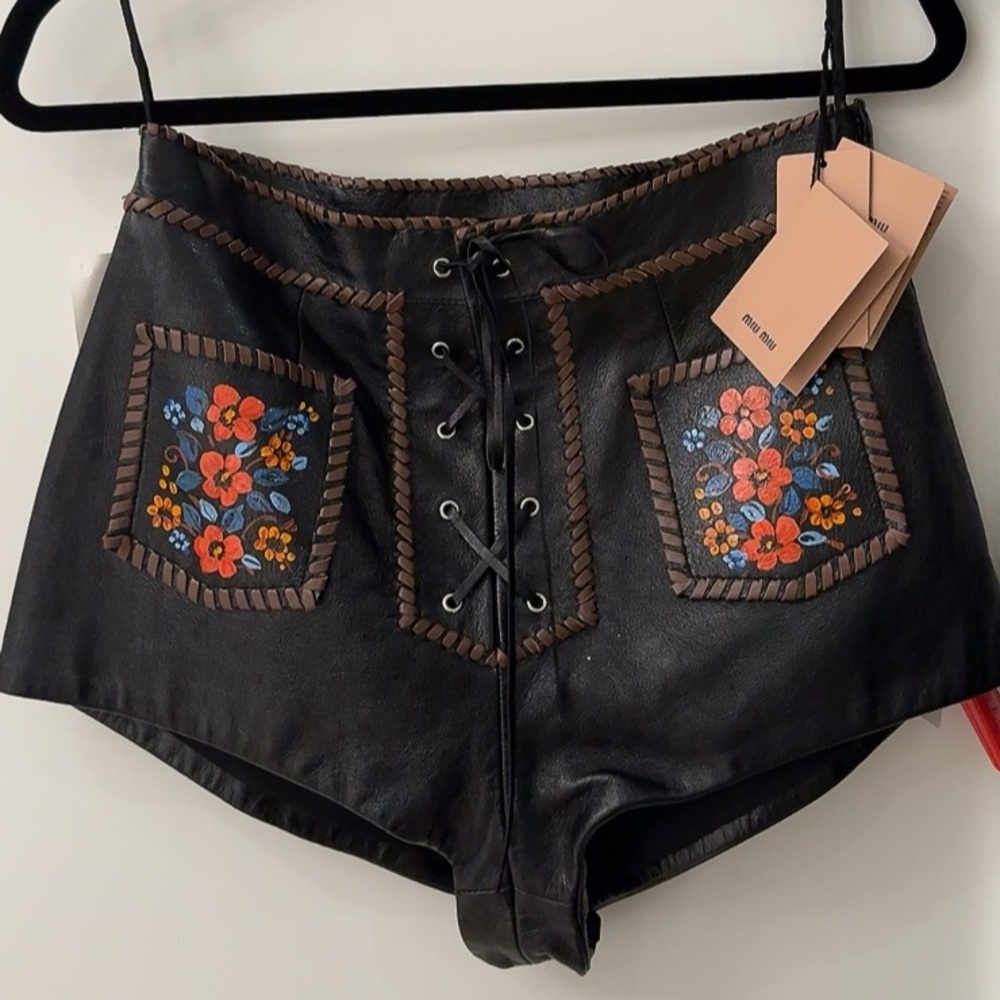 Miu Miu Black Leather Shorts with Floral Embroidery